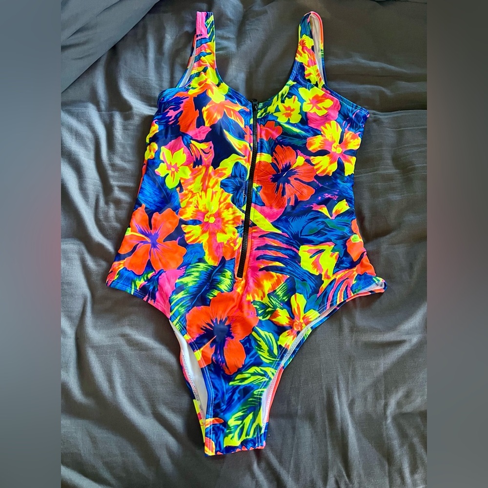 SHEIN Neon Floral One Piece Front Zip Swimsuit